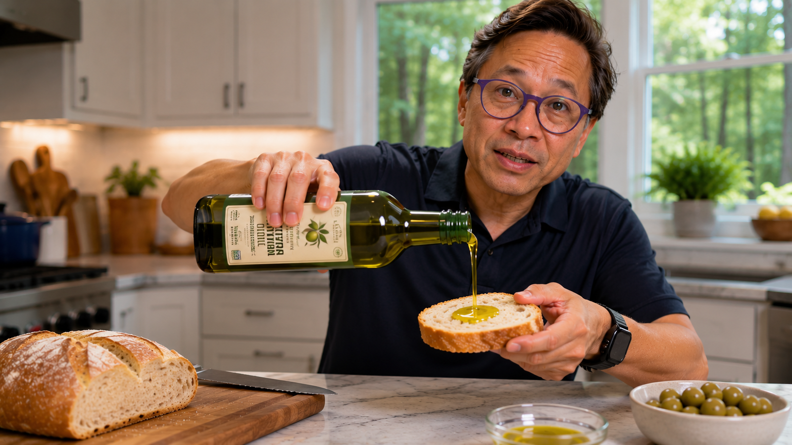Asian Man Pouring Olive Oil on Bread